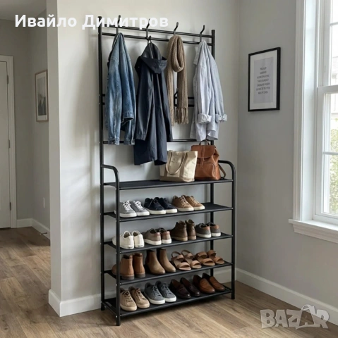 Многофункционален рафт за обувки със закачалки. Портманто (стоманено), снимка 4 - Етажерки - 54215386