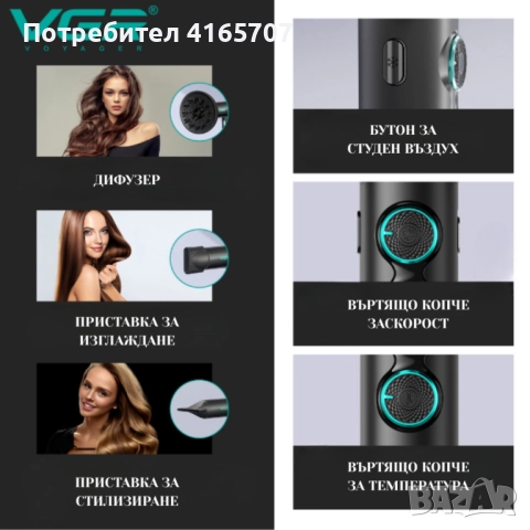 Професионален сешоар VGR с BLDC мотор 110 000 RPM – Йонна технология и дифузер, снимка 2 - Сешоари - 52751687