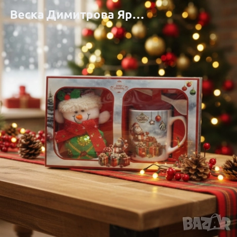 Празничен подаръчен комплект с чаша, лъжичка и снежен човек – готов за подаряване