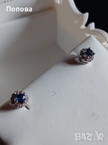 Златни обеци с естествени сапфири и диаманти /бяло злато/, снимка 6 - Обеци - 52791722