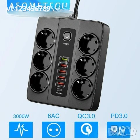 Универсален разклонител с 6 гнезда 3.4А 4 USB Порта и 1 Type-c 3000W , снимка 4 - Други стоки за дома - 53684147