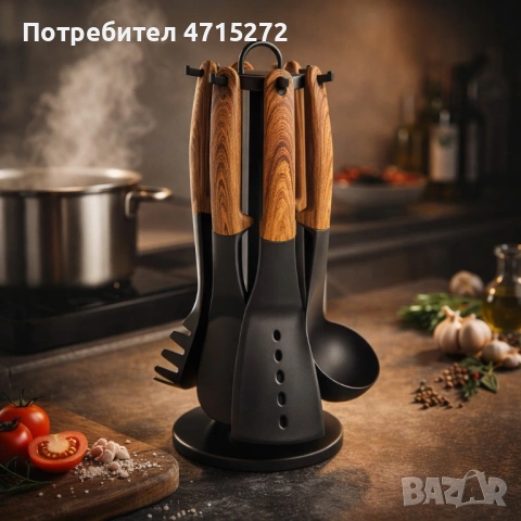 Комплект кухненски прибори 6 части с въртяща се стойка Cheffinger – дървесна визия, практичен и стил, снимка 2 - Други - 53175451