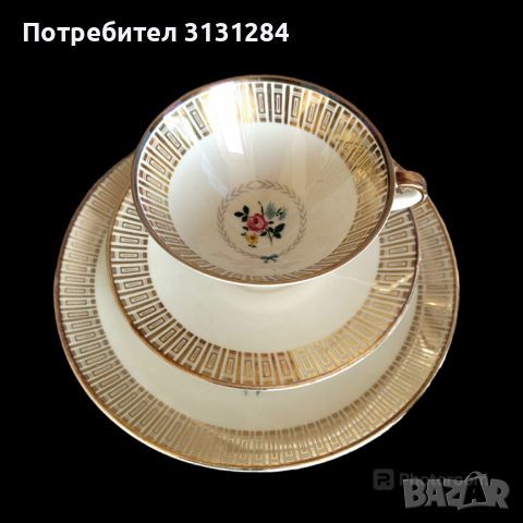 Антикварен троен сет за чай с злато и цветя Германия Бавария, снимка 2 - Чаши - 45650350