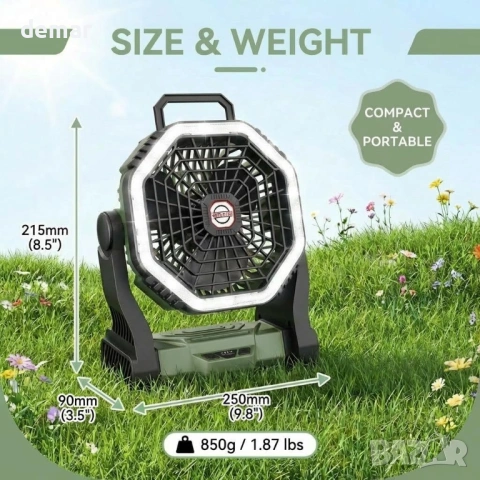 Къмпинг вентилатор с батерия 10000mAh и светлина, 4 скорости, зелен, снимка 2 - Вентилатори - 54109271