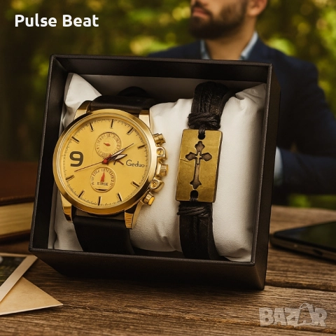 Мъжки комплект Geduo – елегантен часовник със златист циферблат и кожена гривна в подаръчна кутия, снимка 2 - Мъжки - 52045225