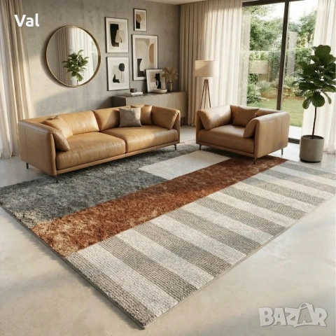 Модерен килим за хол 120х160см - Кафяв меланж с бежови райета и 3D ефект, Противоплъзгащ, снимка 4 - Килими - 53932903