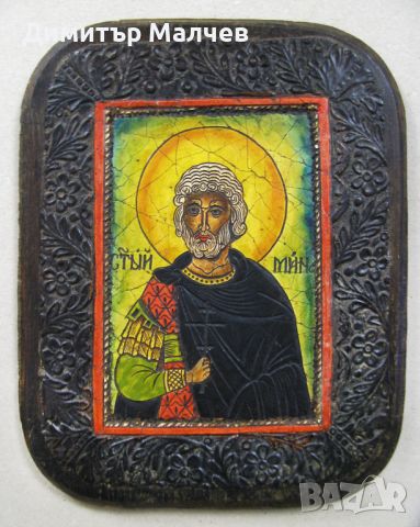 Икона "Св. Мина" 18/23 см имит. керамична на дърво, отлична, снимка 1 - Икони - 45510762