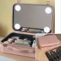 Розова кутия за грим с огледало и светлини и зарядно гримьорна органайзер несесер, снимка 2