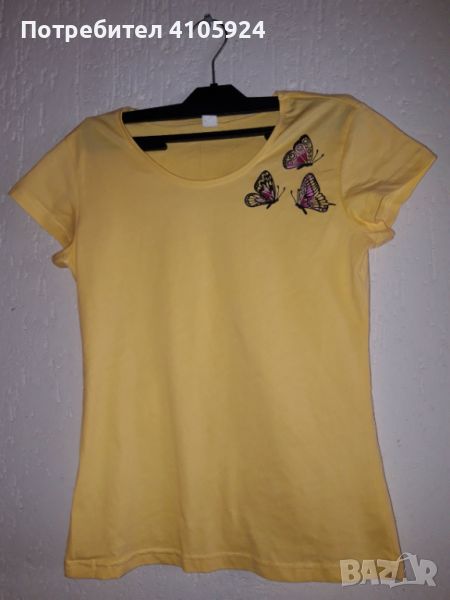 Бледо жълта тениска с розови пеперуди , снимка 1