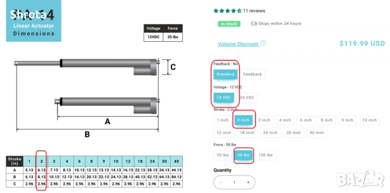 Линеен актуатор - 12V 2in ход - 23кг. сила , снимка 1