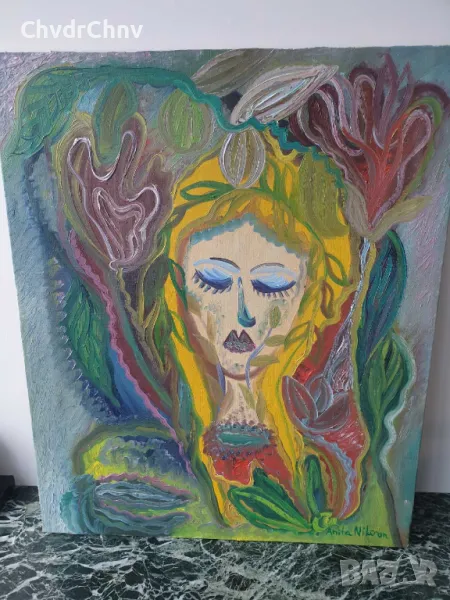 Anita Nilson 61х51см наивизъм/шведска абстрактна картина масло върху платно/женски портрет, снимка 1