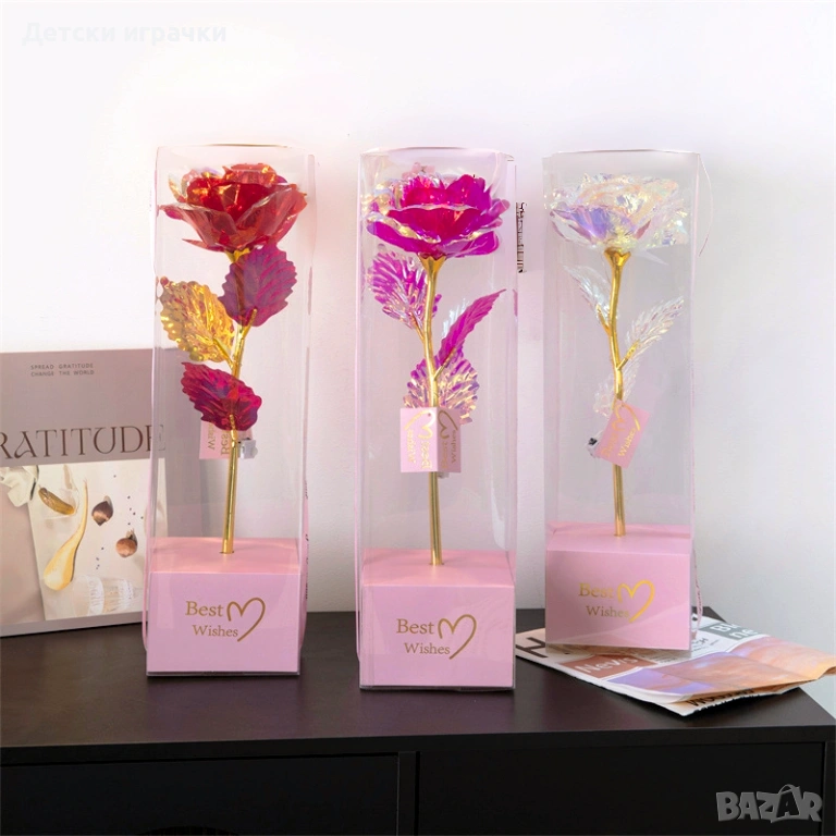 Вечна Роза в кутия със златно покритие 40см с LED светлини, снимка 1