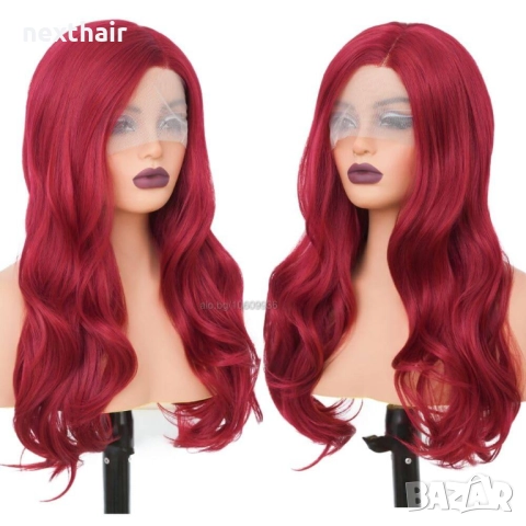 🌹 LACE FRONT лейс фронт 60 см червена чуплива перука с дантела 4*1, снимка 5 - Аксесоари за коса - 44777241