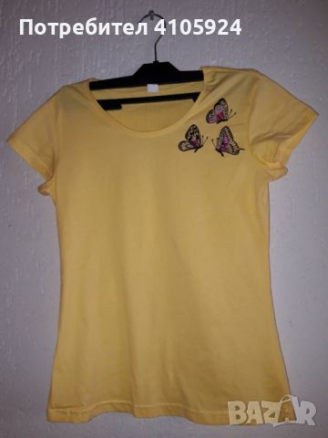 Бледо жълта тениска с розови пеперуди , снимка 1 - Тениски - 45979210