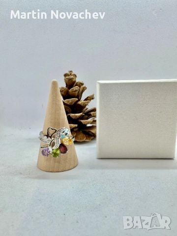 Сребърен пръстен с естествени камъни, снимка 2 - Пръстени - 53211206