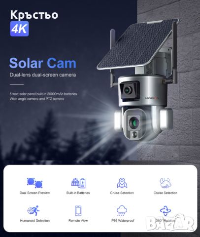 Соларна Камера - Двойна, Въртяща, Безжична (WiFi) с 10X Оптично Увеличение, Водоустойчива, снимка 11 - IP камери - 45415991