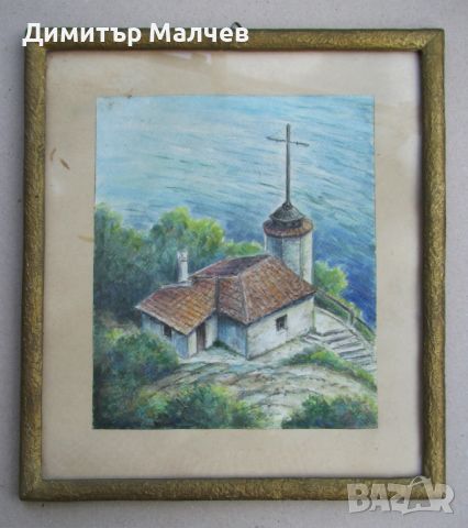 Рисунка акварел ок. 1960 г. Старият фар Галата Варна, в рамка 32/35 см, отлична, снимка 1 - Картини - 45249926