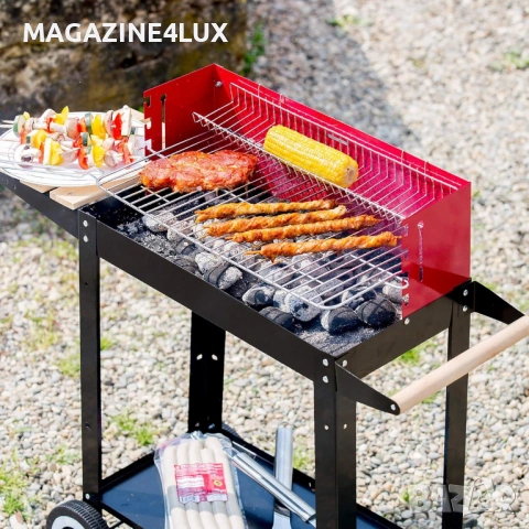 Градинско барбекю на колела от емайлирана стомана с 4 степени на нагряване + подарък комплект от 3 п, снимка 5 - Барбекюта - 53885584