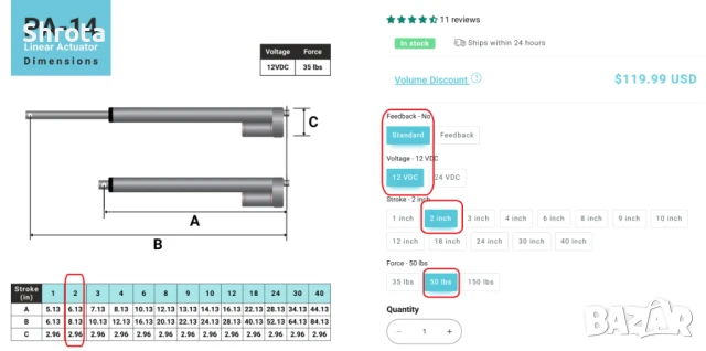 Линеен актуатор - 12V 2in ход - 23кг. сила 