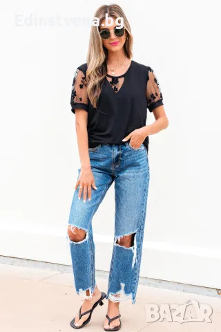 Дамска блуза в черно с детайли от флорален тюл, снимка 9 - Други - 50081862