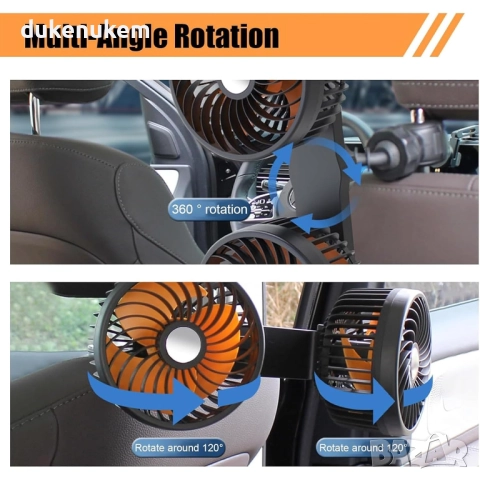 Двоен вентилатор за автомобил 12V/24V – USB & запалка, 360° ротация, 3 скорости, за задната седалка, снимка 2 - Аксесоари и консумативи - 52478186