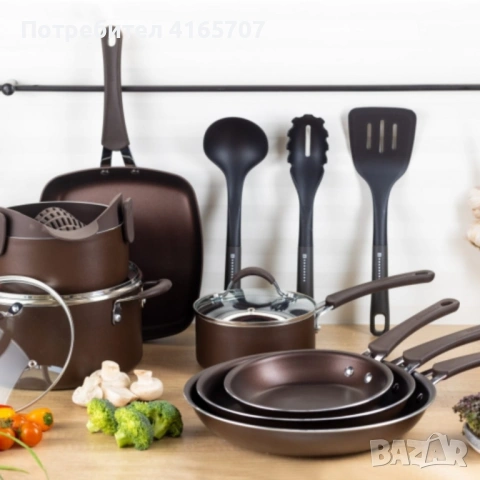 Комплект 20 части Edenberg EB-5655 от кован алуминий — незалепващо мраморно покритие за равномерно г, снимка 2 - Съдове за готвене - 53415137