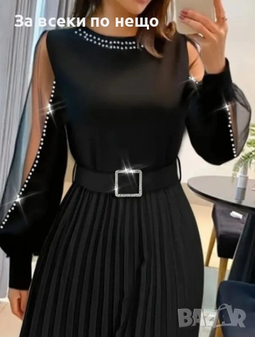 Дамска Черна Рокля Солей С Камъни Код S393, снимка 2 - Рокли - 52729906