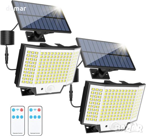 2 броя стенни соларни лампи 160LED, сензор за движение, дистанционно, IP65 водоустойчиви 3 режима