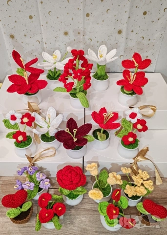 Ръчно плетени цветя, саксии и подаръчни кутии, снимка 10 - Декорация за дома - 54053635