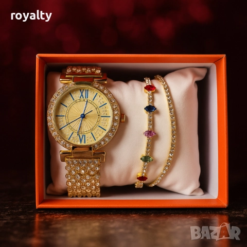 Дамски комплект 3-в-1: Елегантен часовник с две гривни в подаръчна кутия