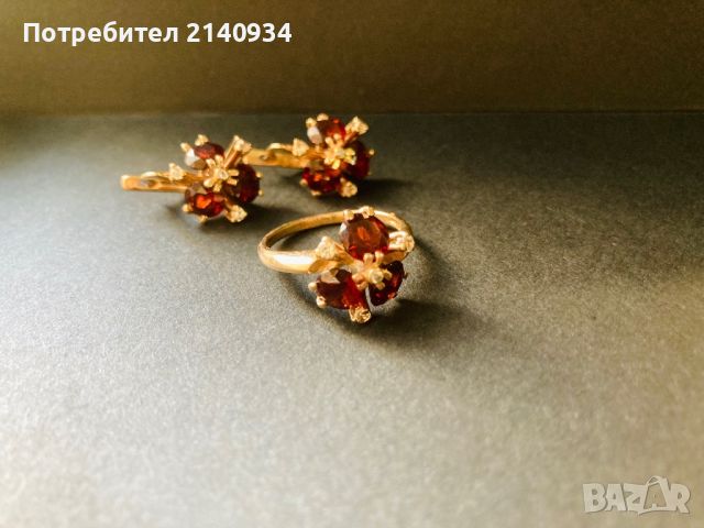 Руски златни обеци и пръстен с гранат, снимка 4 - Обеци - 45886919
