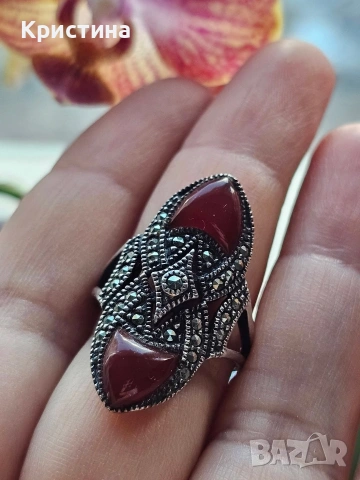 Винтидж сребърен комплект с Карнеол и марказити, снимка 4 - Колиета, медальони, синджири - 53905837