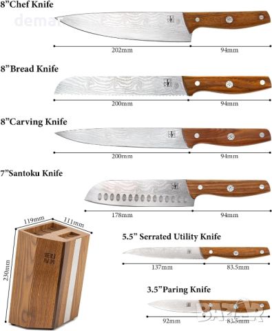 Комплект кухненски ножове EUNA с дървена дръжка, 6 ножа, снимка 2 - Прибори за хранене, готвене и сервиране - 45653710