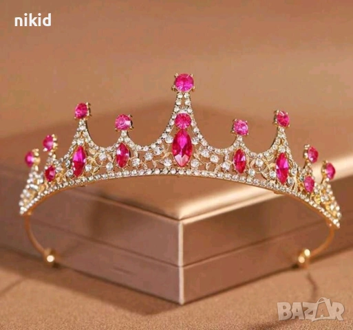 Златиста сребриста Метална с розови бели камъни елегантна корона тиара дамска детска за декор торта, снимка 9 - Аксесоари за коса - 51086797