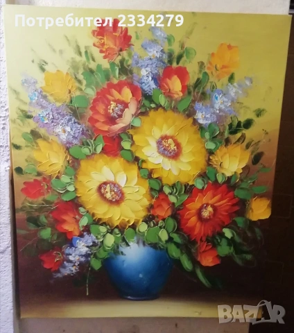 Стара картина,, ВАЗА С ЦВЕТЯ" рисувана на платно, маслени бои, снимка 7 - Картини - 47086100