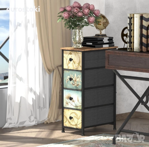 Скрин VEDECASA, тесен скрин с 4 чекмеджета от плат, метална рамка, дървен плот, винтидж дизайн, снимка 3 - Скринове - 52777328