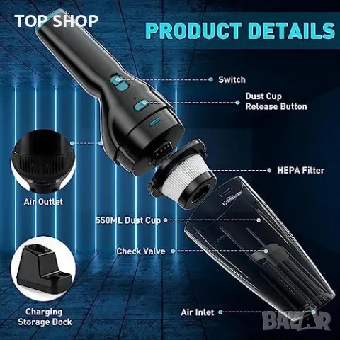 Нова Ултралека Прахосмукачка HOMEKANE - Безжична, 9500PA, 3 Дюзи, снимка 2 - Други стоки за дома - 49956871