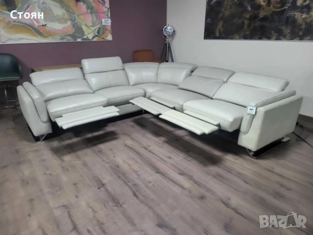 Кремав кожен ъглов диван с електрически релаксиращ механизъм, снимка 12 - Дивани и мека мебел - 51897102