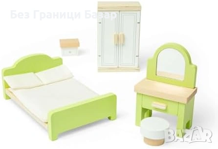 Нов Комплект спалня за кукли от дърво – мини легло, гардероб, тоалетка, снимка 5 - Образователни игри - 53520814