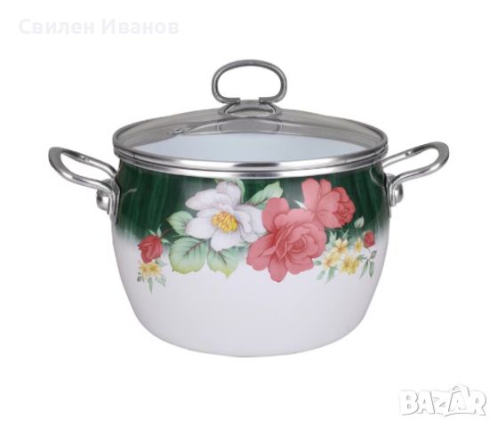 Тенджера Bohmann BH 8017-18F, 18*13см./2.4л. бял с цветя, емайл, снимка 4 - Съдове за готвене - 45155665