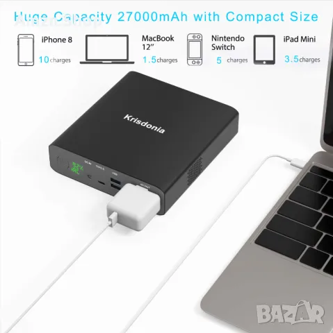 Krisdonia AC Power Bank Преносимо зарядно устройство 27000mAh 130W външна батерия за MacBook лаптоп , снимка 6 - Батерии за лаптопи - 47240155