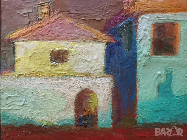 АВТОРСКА МАСЛЕНА КАРТИНА - СОЗОПОЛСКИ КЪЩИ, снимка 6 - Антикварни и старинни предмети - 53731011