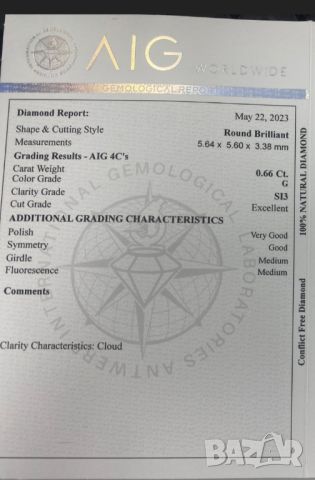 Диамант 0,66 ct. ,AIG сертификат, снимка 7 - Други - 45694964