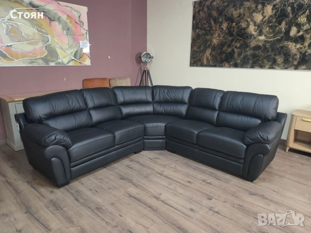 Черен кожен ъглов диван