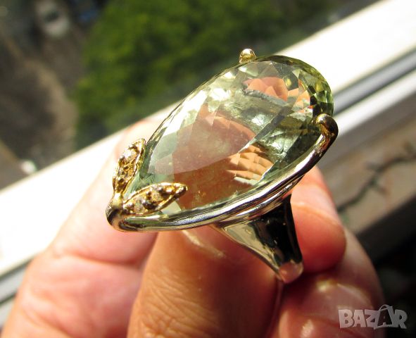 925 сребърен пръстен с 30 карата зелен аметист, камък 25x15мм, общо тегло 13гр., снимка 1 - Пръстени - 46311135