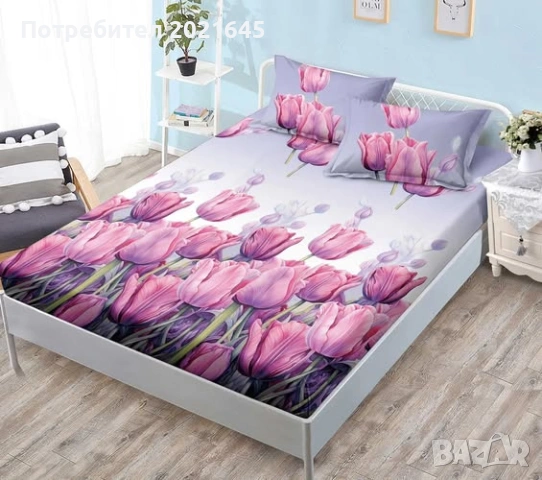 Чаршаф с ластик за голяма спалня и 2 калъфки, снимка 2 - Спално бельо - 53568499