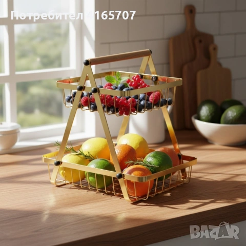 Двуетажна метална поставка за плодове Cheffinger – златист дизайн, компактна и стабилна, снимка 3 - Аксесоари за кухня - 53232030