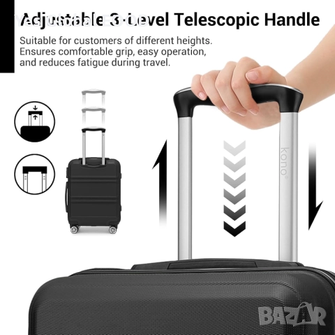 KONO твърд куфар на колелца 36 л с TSA ключалка черен, снимка 8 - Куфари - 52332907