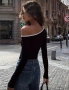 Дамска черна блуза с едно рамо, снимка 4