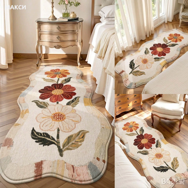 Прекрасен модерен лек и много мек килим с красиви акварелни цветя, не плъзгаща се основа, сгъващ се,, снимка 1